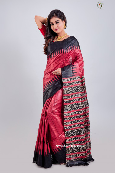 Wine Red Patola Design Tussar Saree